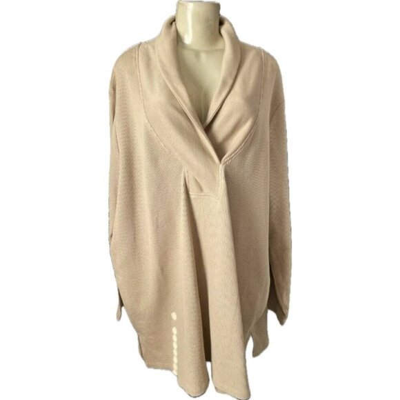 Roaman's + 34/36 Beige Thermal Knit Pattern Shawl Collar Long Sleeve Tunic Top - Picture 2 of 6